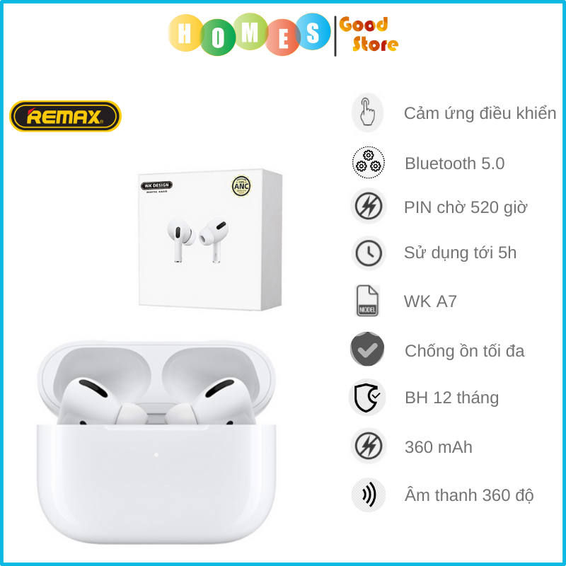 Tai nghe True Wireless Cao Cấp REMAX WK-A7, Thời Gian Nghe 6 Tiếng, Bluetooth 5.0, Sạc Pin 30 Phút, Âm Thanh Chân Thực - Hàng Chính Hãng