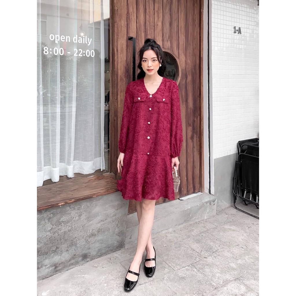 Váy suông voan 2 lớp phủ lông, cổ V, túi nắp, đầm xuông rộng đuôi cá, tay dài bo phồng 2 màu mã V88 - Michi's House