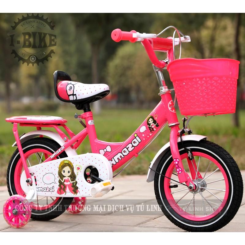 Xe đạp trẻ em cho bé gái từ 3 đến 10 tuổi - Màu hồng, khung thép cao cấp
