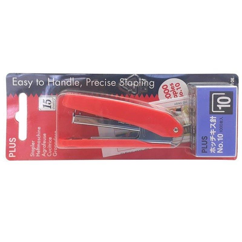 Bộ Bấm Kim Plus 30-014 TR OS 10E - Màu Đỏ + 2 Hộp Kim No.10