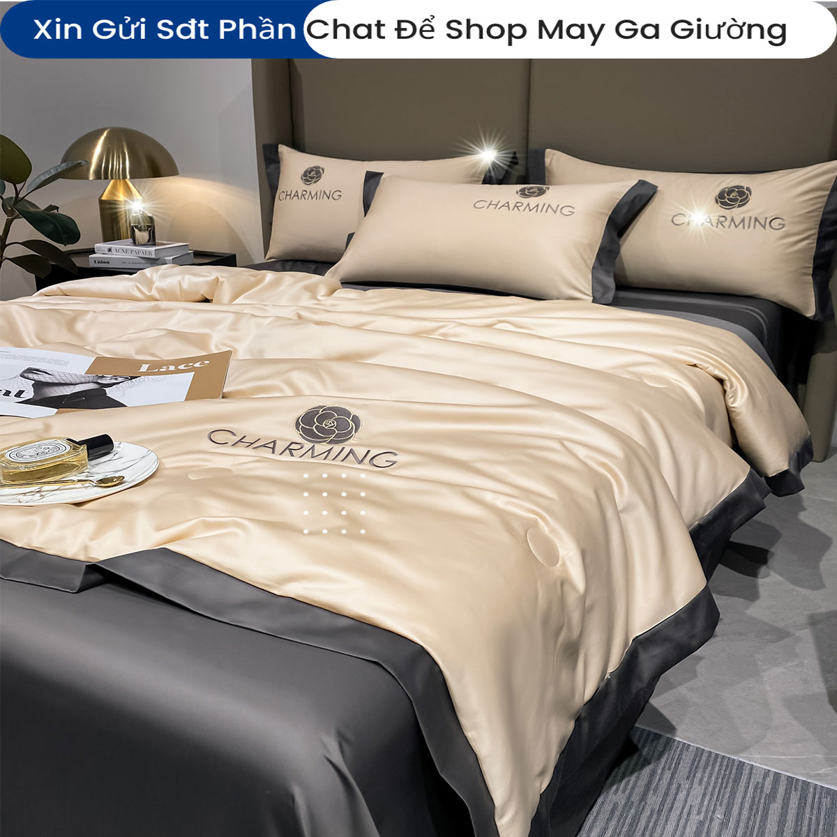 Bộ Chăn Ga Gối Đệm Phi Lụa Charming Drap Giường Phi Lụa Cao Cấp Bo Chun Drap