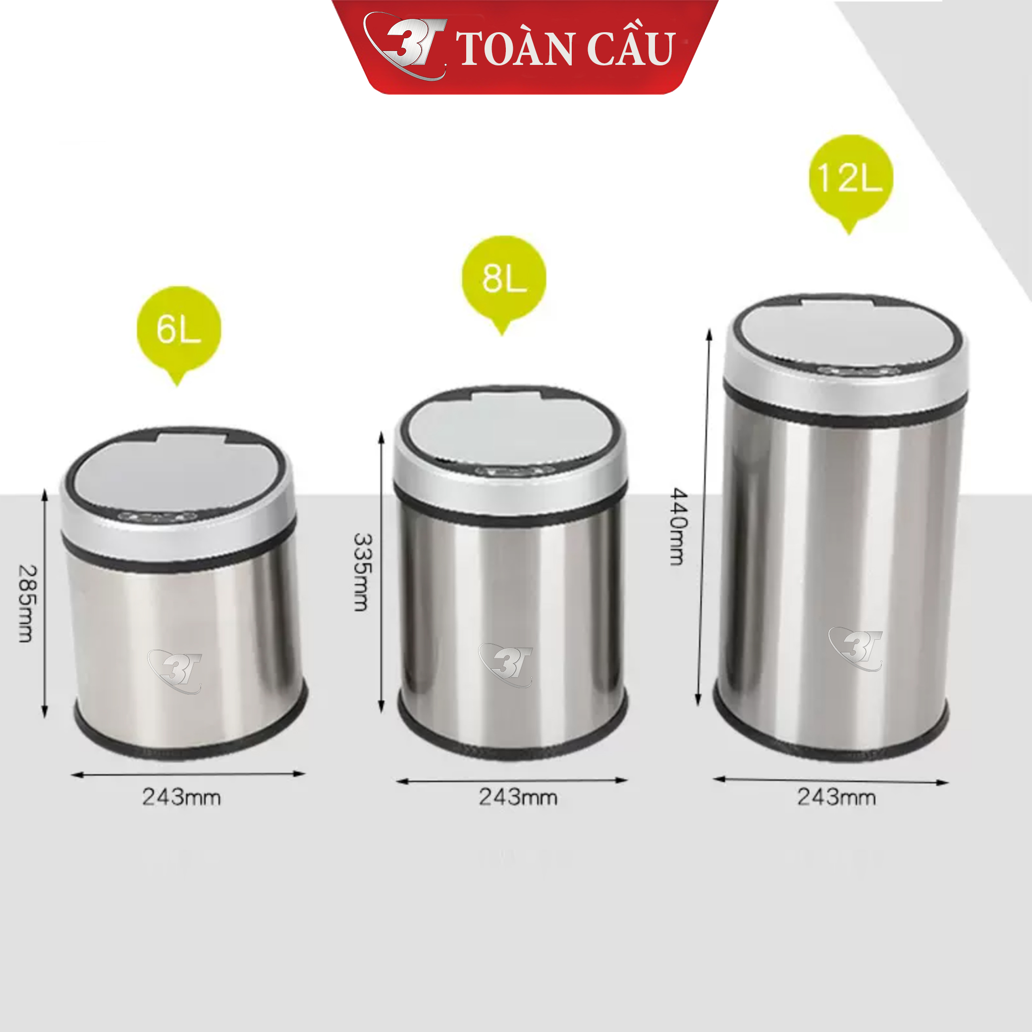 Thùng Rác Inox Cảm Biến Thông Minh 3TTO.TR1201 Với 3 Chế Độ Đóng Mở Nắp Tự Động, Sử Dụng Nguồn Sạc, Nút Ấn Cảm Ứng