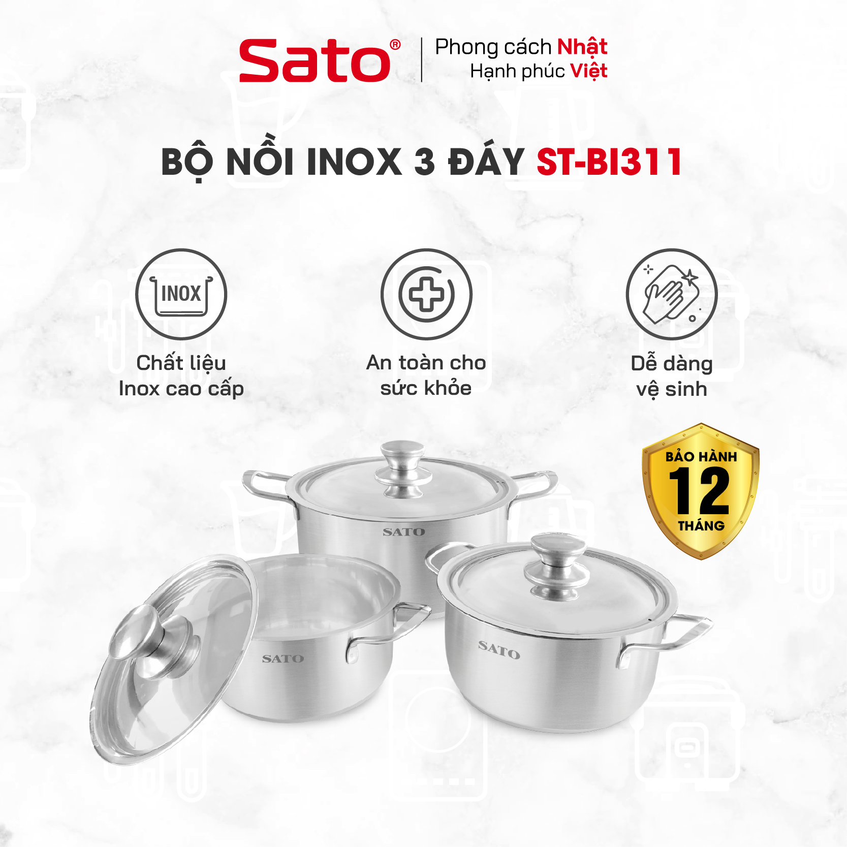 Bộ nồi inox 3 đáy SATO ST-BI311 - Cấu tạo đáy 3 lớp truyền nhiệt nhanh, giữ nhiệt tốt, hạn chế cháy khét thực phẩm - Miễn phí vận chuyển toàn quốc - Hàng chính hãng