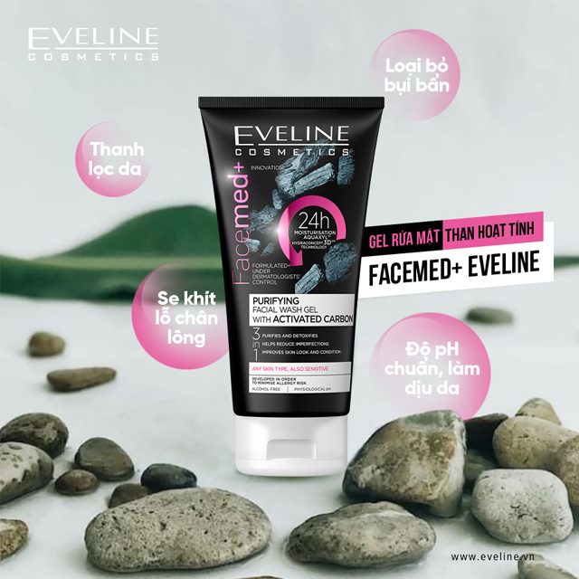 Gel rửa mặt thanh lọc da than hoạt tính Eveline Facemed+ 150ml