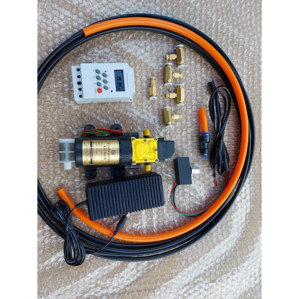 Bộ phun sương. Bơm đơn kèm nguồn 12v-5a. bộ hẹn giờ TIMER. điều tốc. 10m dây 8li. 5 béc đồng...