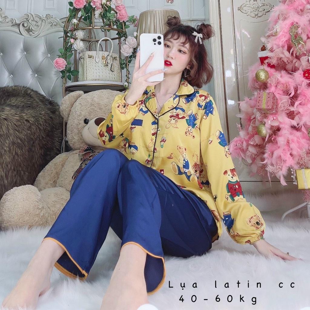 Đồ bộ nữ mặc nhà, đồ ngủ Pijama dễ thương lụa latin tay dài quần dài, Freesize dưới 60kg MYSTORE S24