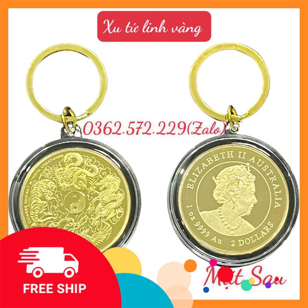 Đồng xu Tứ Linh Vàng phong thuỷ may mắn tặng hộp nhung ,móc khóa, túi gấm đỏ may mắn tai lộc