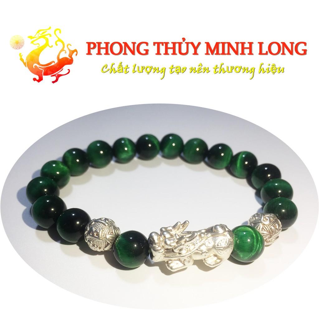 Vòng tay đá mắt hổ Xanh Lá 5A mix Tỳ Hưu và 2 hạt kim tiền Bạc hợp mệnh Mộc và Hỏa
