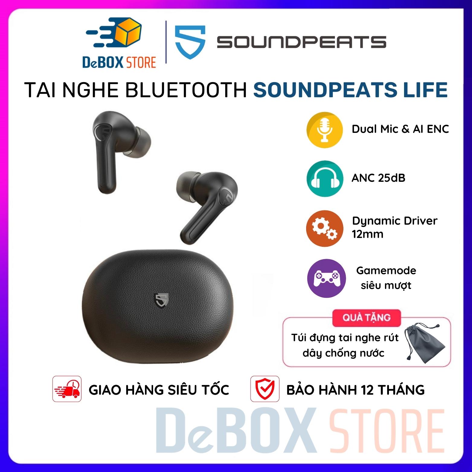 Tai nghe True Wireless SoundPEATS Life ANC 25dB Game Mode Bluetooth 5.2 (Đen), Mic kép AI ENC - Hàng Chính Hãng