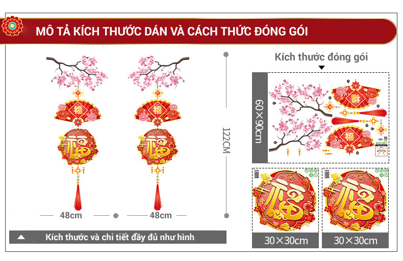 Decal trang trí tết 2 mặt dán kính hình cành đào treo chữ Phúc mới nhất