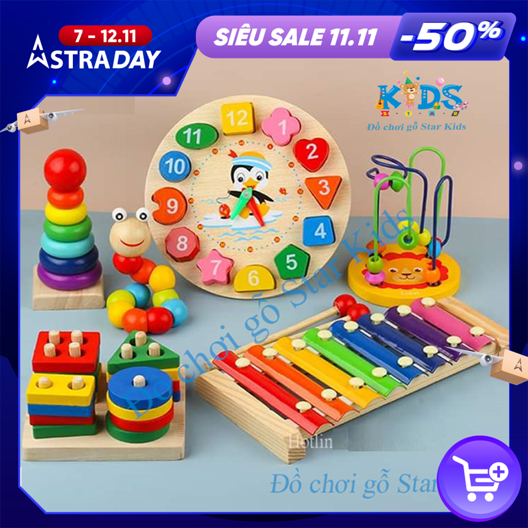 Combo 6 món đồ chơi gỗ an toàn cho bé- phát triển trí tuệ