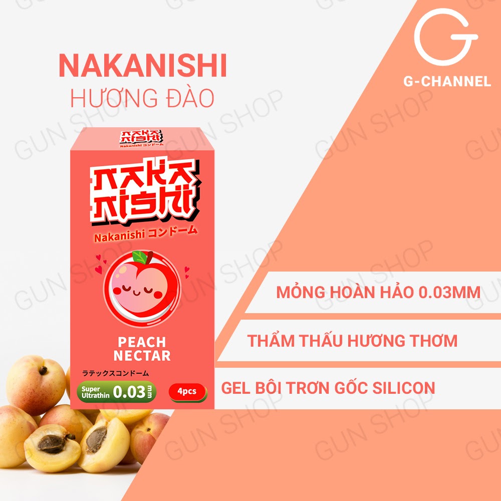 [Hộp 4 cái] Bao cao su Nakanishi - Siêu mỏng 0.03mm - Hương đào