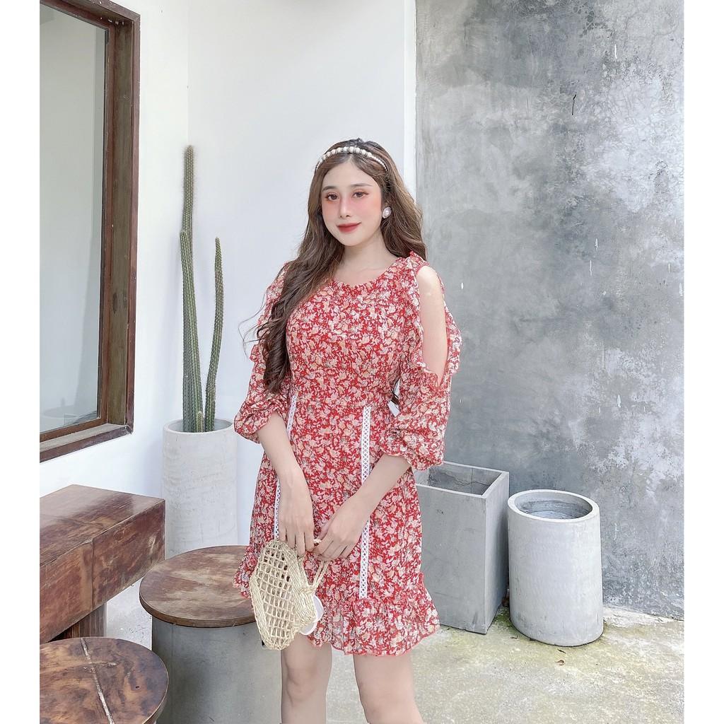 ĐẦM VOAN LỤA 2 LỚP CỔ TRÒN KHOÉT VAI BÈO DÀI TAY ĐẦM ÔM BODY XÒE-hình thật shop chụp