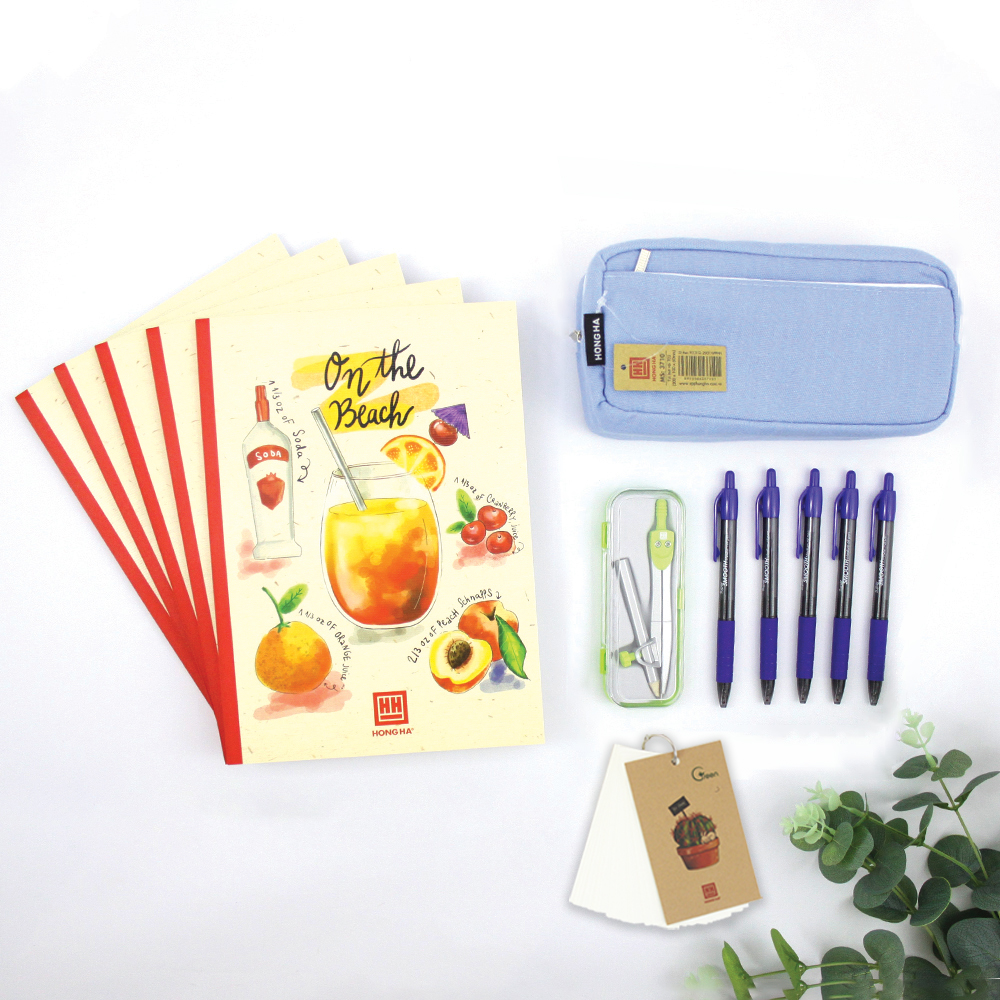 Combo Trung học &quot;Chăm chỉ&quot; - 5 Vở kẻ ngang Hồng Hà 120tr, Compa, Bút semi gel &amp; Túi bút - Tặng sổ Flashcard Eco (giao màu ngẫu nhiên)