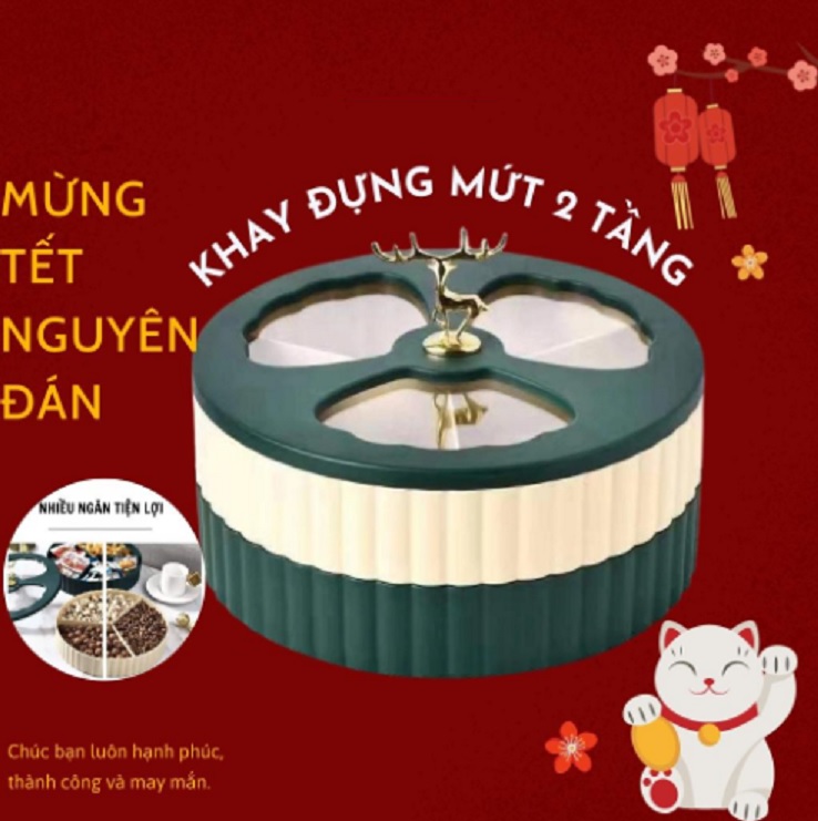 Khay Đựng Mứt Tết 2 Tầng Nhiều Ngăn Xoay Tròn, Hũ Đựng Mứt,Hạt, Dưa, Bánh Kẹo Tết Nguyên Đán Hình Hươu Vàng khay kẹo