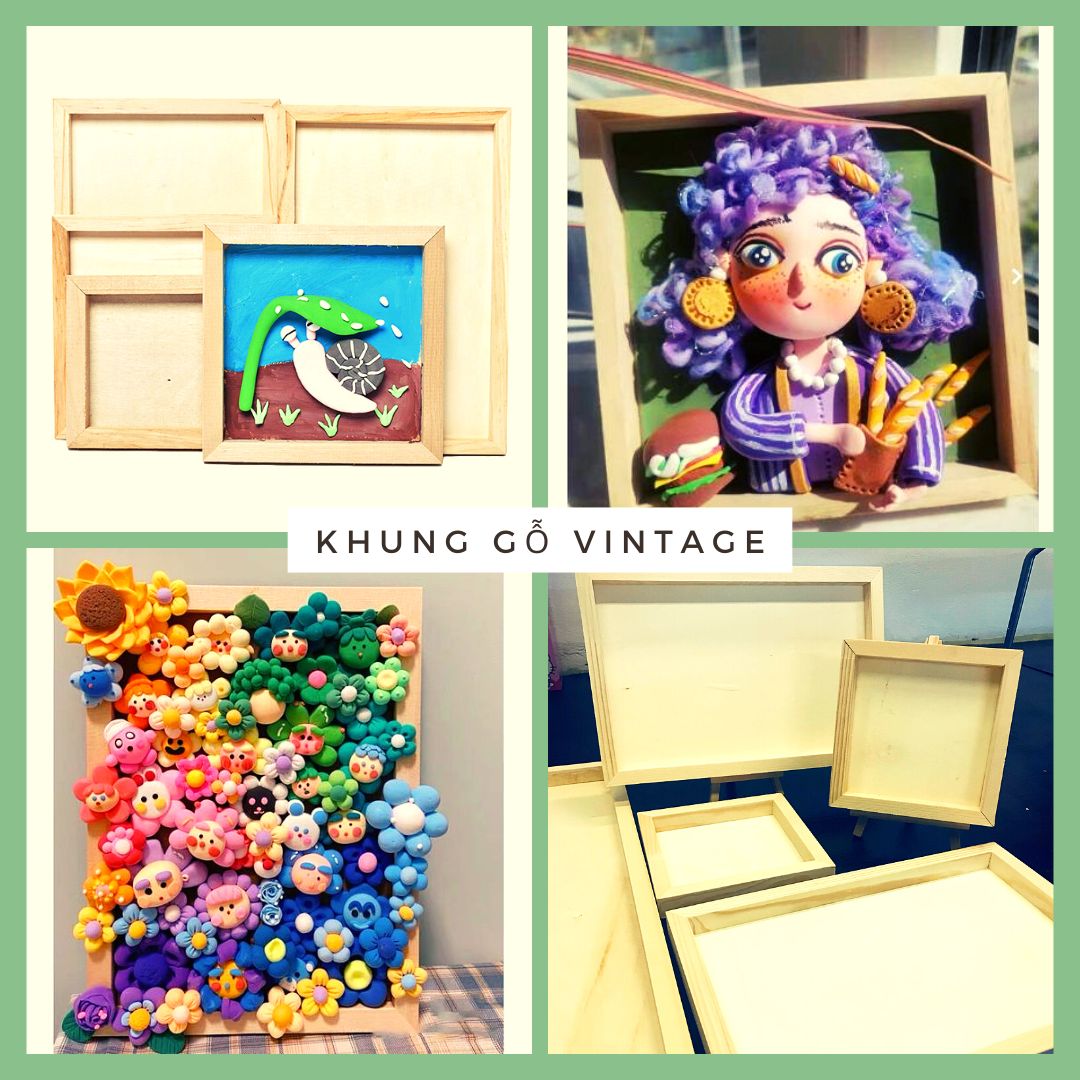 Khung ảnh Vintage, khung gỗ thông không kính làm tranh đất sét handmade