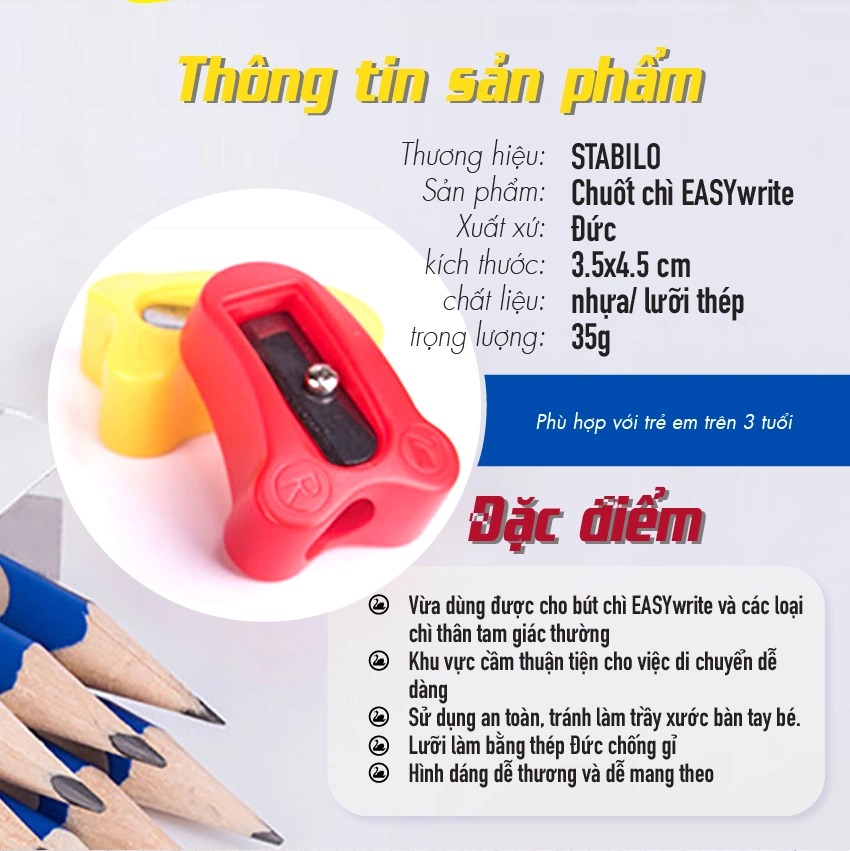 Bút chì gỗ hình thể học STABILO EASYgraph, EASYwrite - Chuốt chì EASYgraph thuận tay phải (PSE4532R)