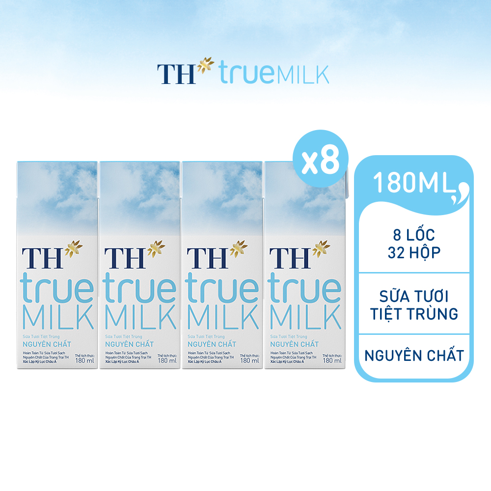 8 Lốc sữa tươi tiệt trùng nguyên chất TH True Milk 180ml (180ml x 4 hộp)