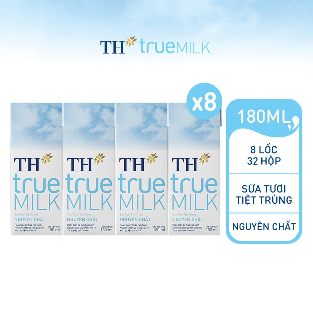 8 Lốc sữa tươi tiệt trùng nguyên chất TH True Milk 180ml