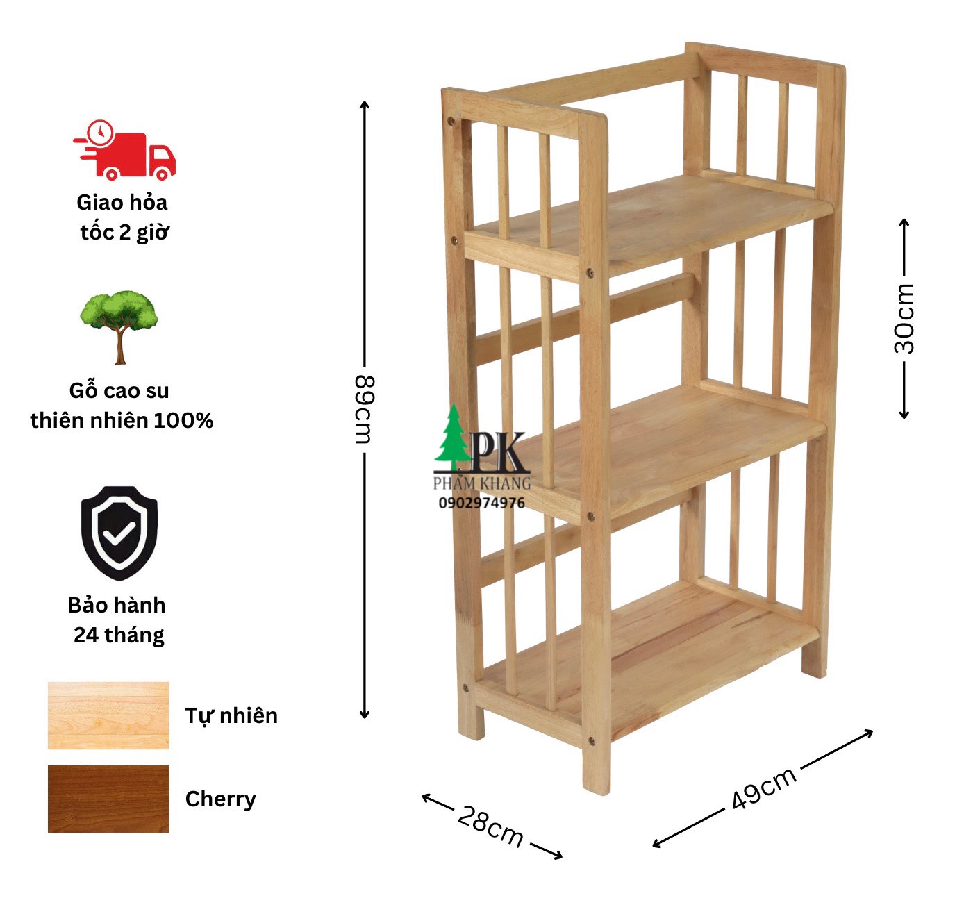 Kệ sách gỗ Phạm Khang 3 tầng rộng 50cm màu tự nhiên