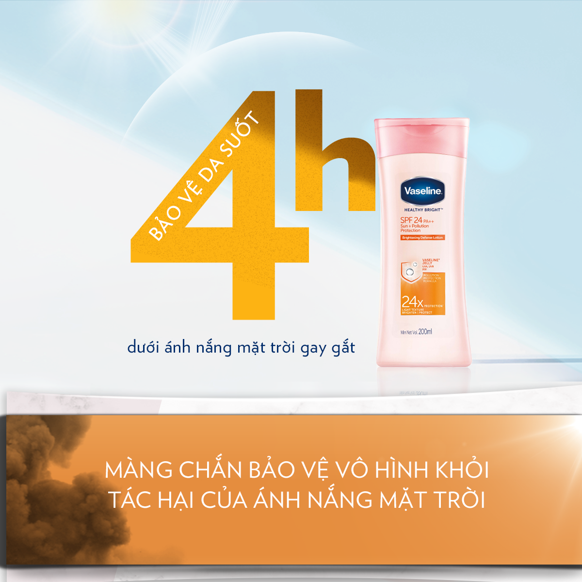 Sữa Dưỡng Thể 200Ml Vaseline Dưỡng Ẩm Sáng Da Chống Nắng Spf24Pa++ Sun + Pollution Protection Bảo Vệ Da Tới 4H Với Spf 24 Pa++