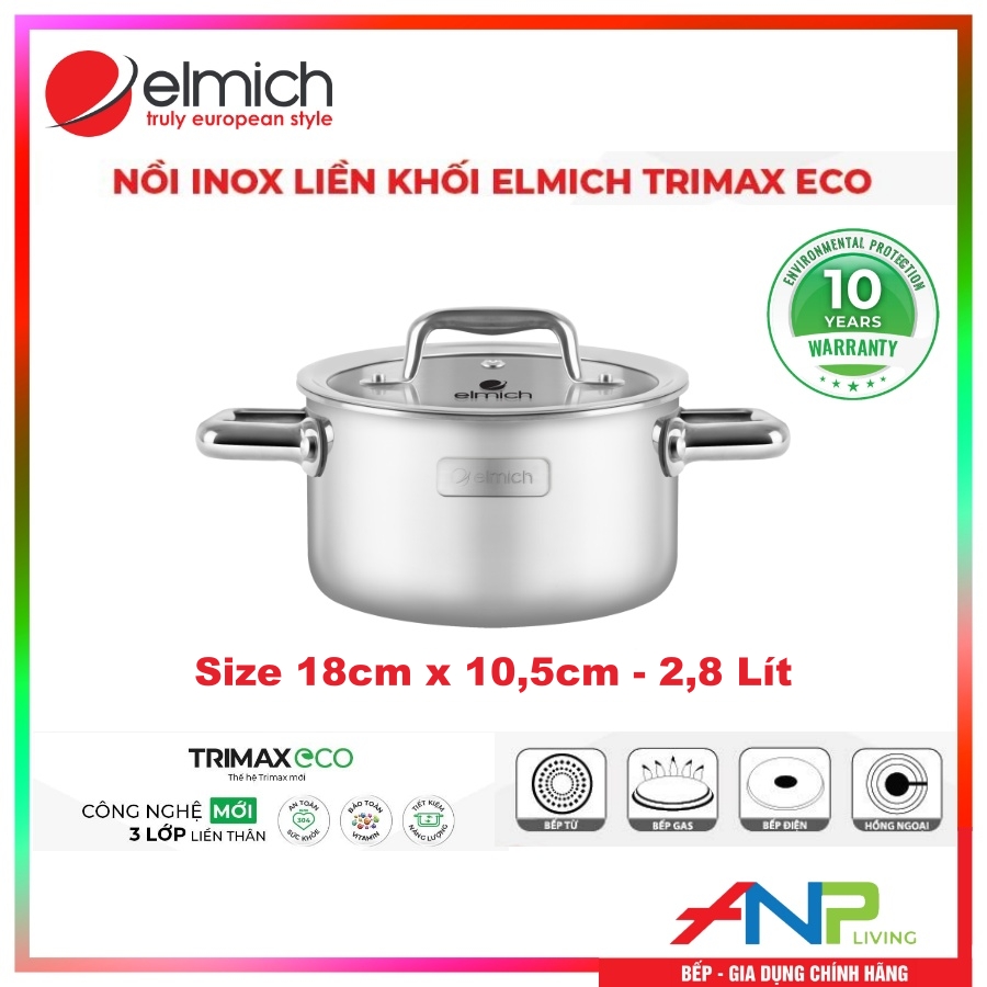 Bộ Nồi INOX 3 Lớp Liền Khối Elmich Trimax ECO EL-8005 (Bộ 3 Nồi Size 18, 20, 26cm &amp; Quánh Size 16cm) - HÀNG CHÍNH HÃNG