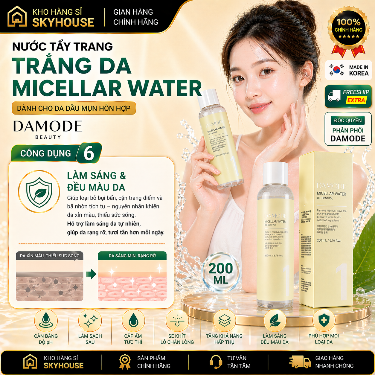 Nước tẩy trang cho da dầu mụn MICELLAR WATER DAMODE chai 200ml nước tẩy trang sạch sâu chính hãng