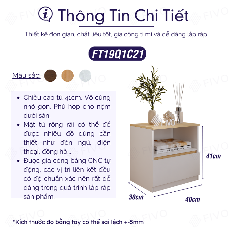 Tủ Đầu Giường Gỗ FIVO FT19 Có Hộc, Ngăn Kéo Cao Cấp, Tay Cầm Thiết Kế Thẩm Mỹ