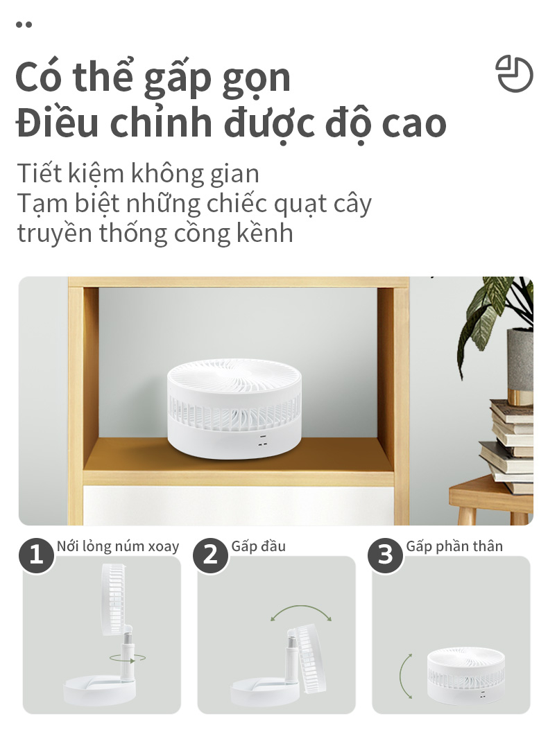 Quạt Tich Điện Sạc Pin, Quat Tich Dien Xài Hơn 8 Tiếng, Foldable Fan Pin 7200MAH Gấp Gọn Tiện Lợi Kéo Dài 1 Mét Kèm Điều Khiển Từ Xa