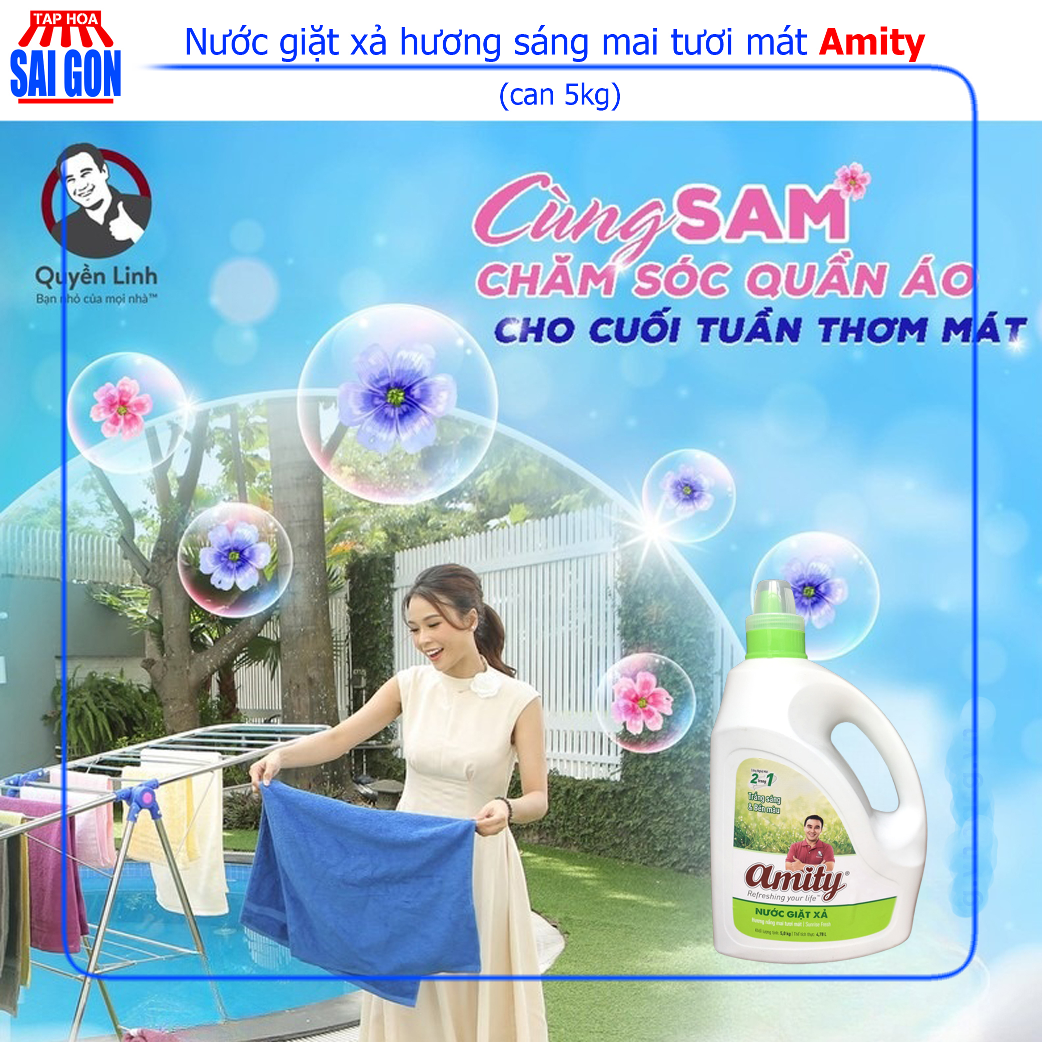 Nước giặt xả Amity nắng mai tươi mới (xanh lá) can 5kg loại bỏ mọi vết bẩn cho quần áo của gia đình