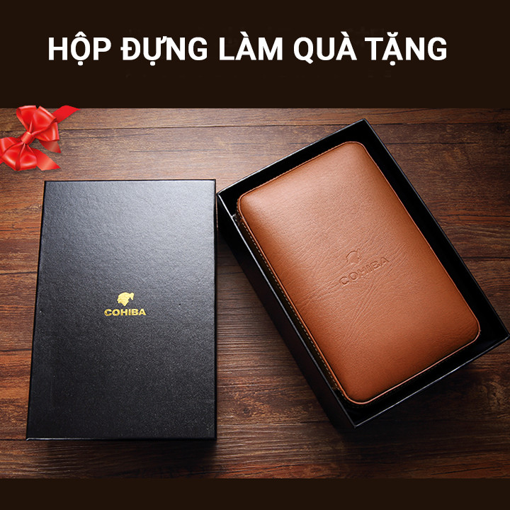 Ví Da Xì Gà 4 Điếu Cao Cấp Bảo Quản Giữ Ẩm Cigar Kèm Bật Lửa Khò Xì Gà Và Dao Cắt - Quà Biếu Tặng Sếp