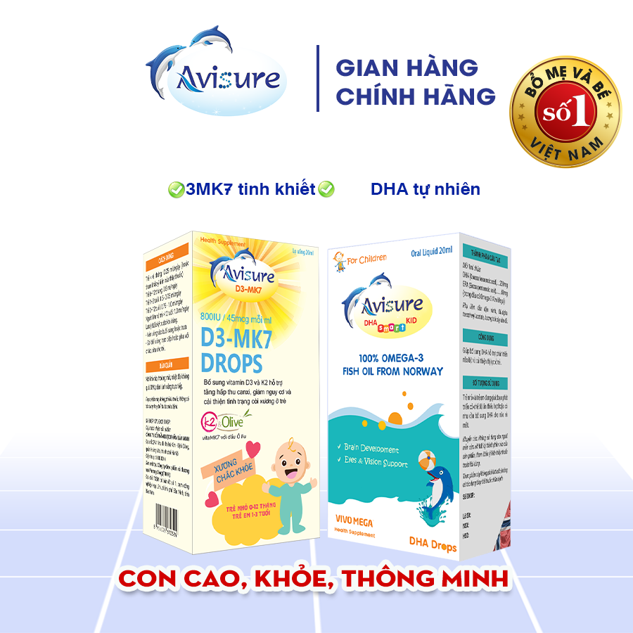 Combo Avisure D3MK7 và Avisure DHA smart kid hỗ trợ bé cao lớn, thông minh, mắt sáng