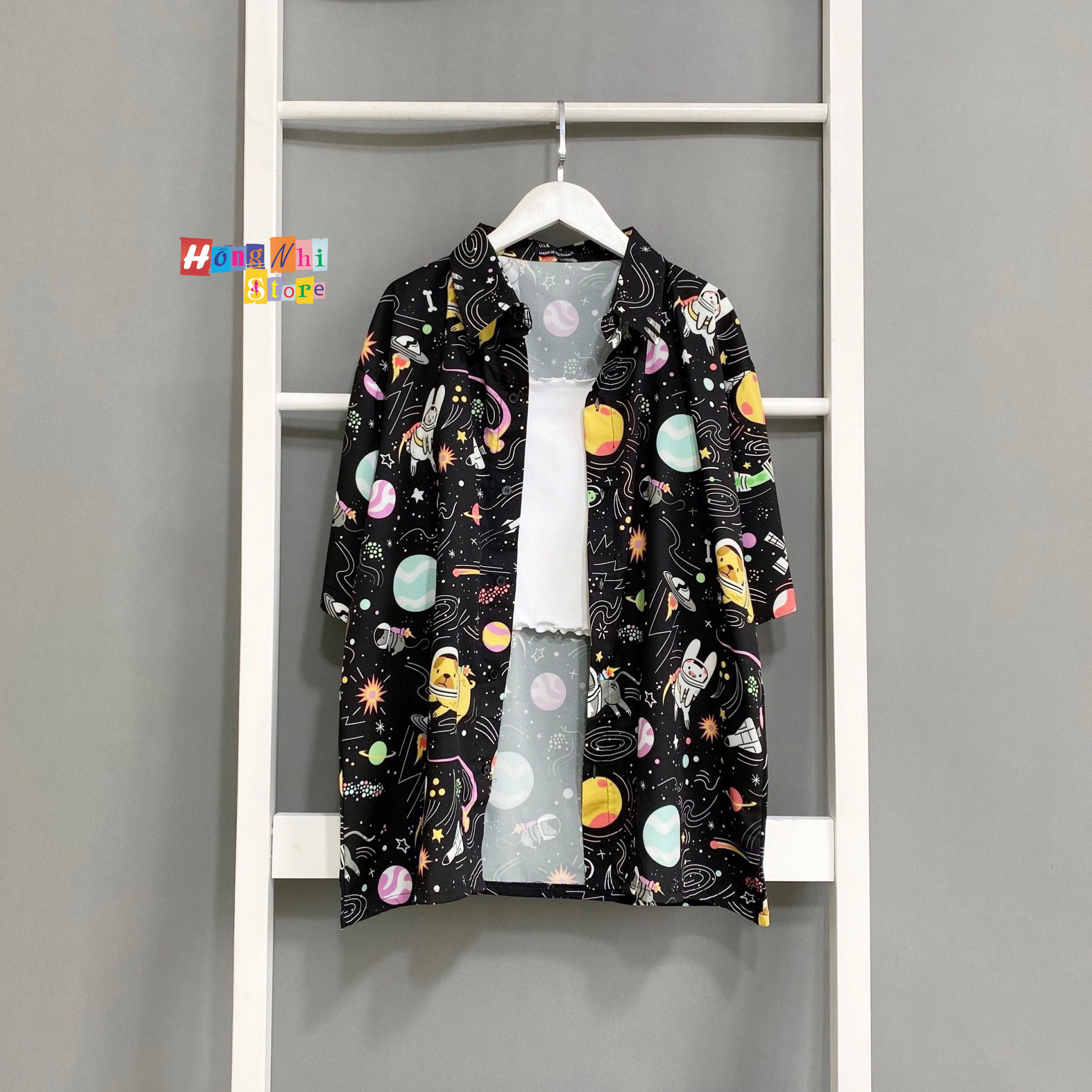 Áo Sơ Mi Hoạ Tiết Tay Lỡ Dáng Rộng, Sơ Mi Tay Lửng Unisex - MM