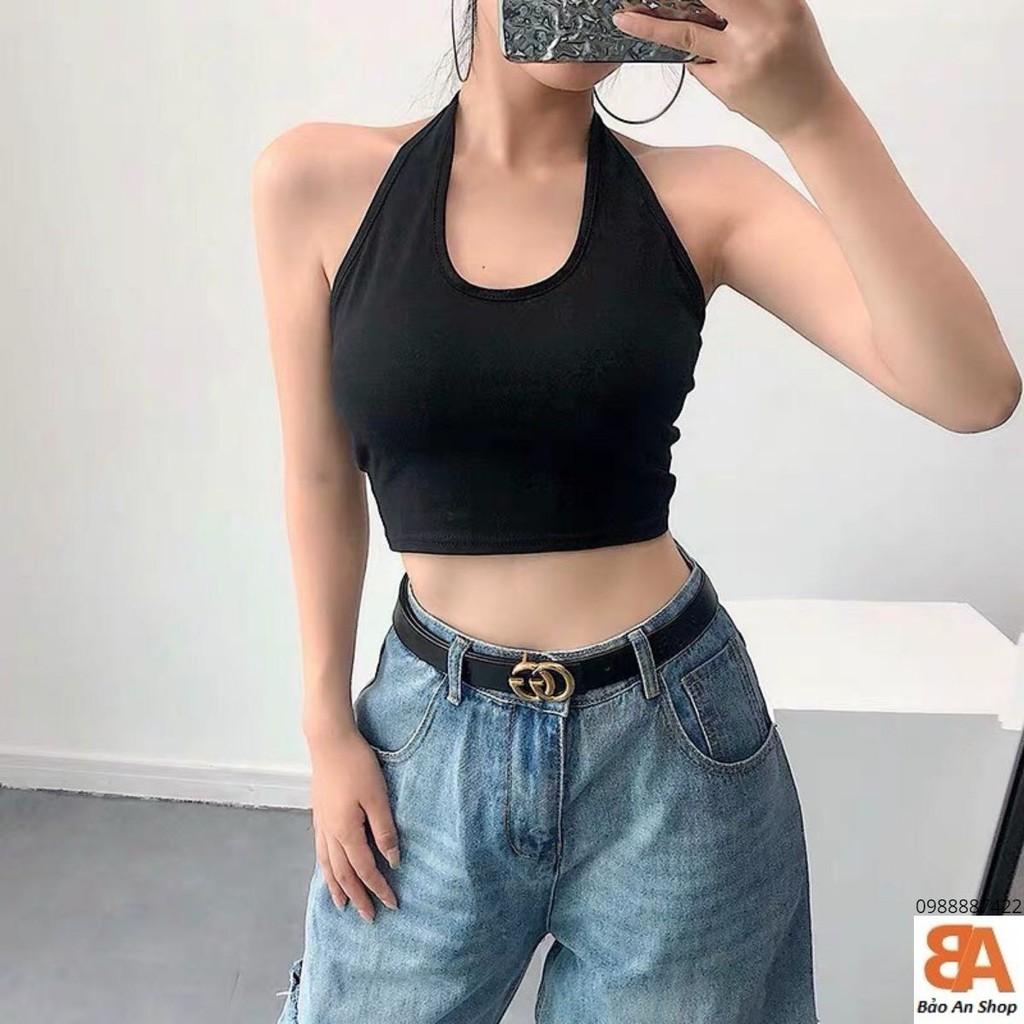 Áo croptop kiểu yếm dây chồng cổ chất thun gân len Free Size dưới 53kg dành cho nữ cá tính sexy gợi cảm