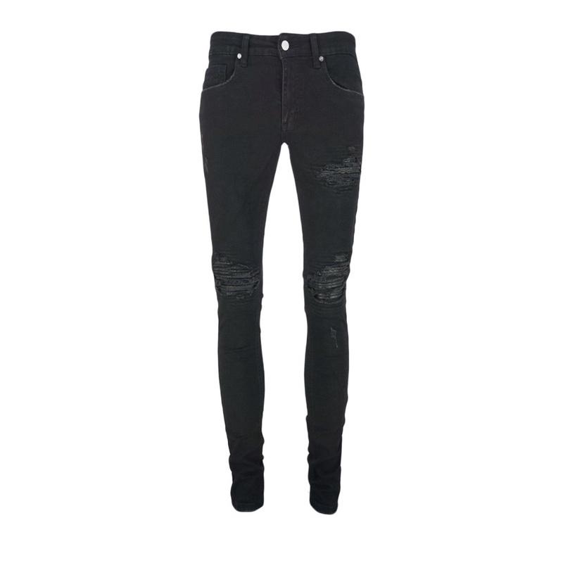 Quần Jean Nam The Luyn Black Màu Đen Rách Lỗ Lớn Gắn Da Bike Chất Cotton Co Giãn Không Phai Màu
