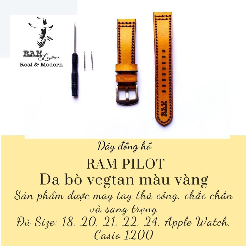 Dây đồng hồ da bò vegtan thảo mộc RAM Leather Pilot màu vàng - tặng khóa chốt và cây thay dây