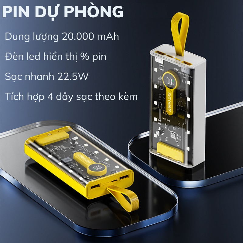 [TẶNG DÂY SẠC 4 ĐẦU] Sạc Dự Phòng 20000mAh - 66W Siêu nhanh sạc nạp dùng bộ vi mạch thế hệ mới - Hàng nhập khẩu