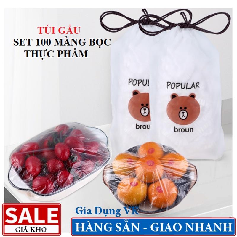 Set 100 Màng Bọc Thực Phẩm Túi Gấu, Màng Bọc PE Có Chun Co Giãn Tái Sử Dụng Nhiều Lần - Loại Đủ