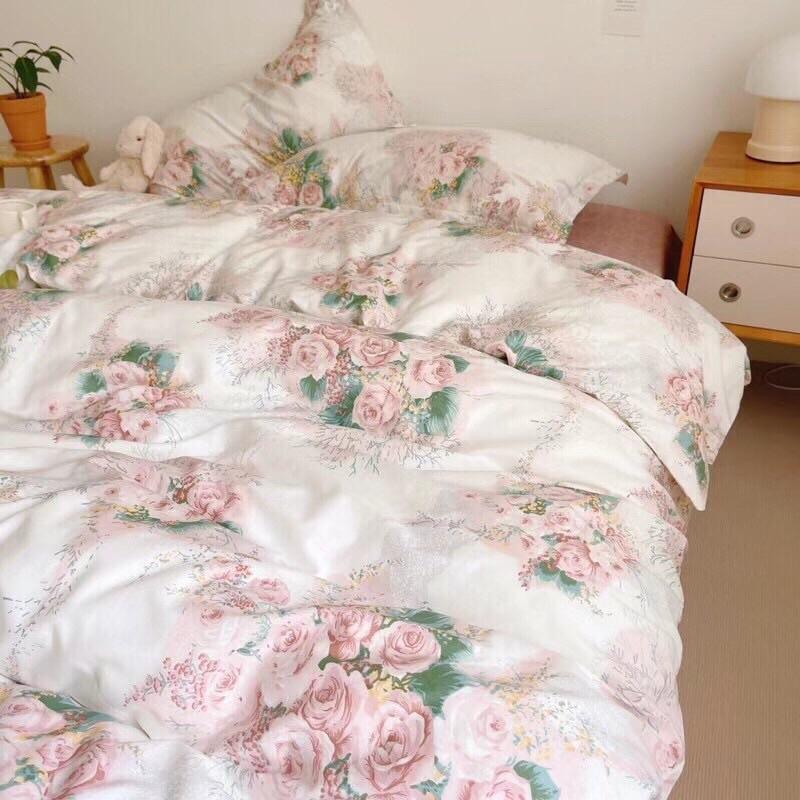 Bộ Chăn Ga Gối Cotton Living 100%cotton Hàng Nhập Khẩu Cao Cấp 4 Món Hoa Hồng Pháp