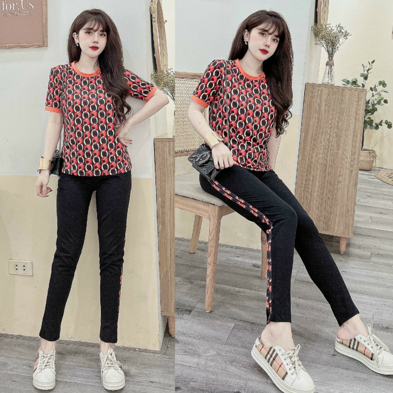 Đồ bộ dài thun cotton họa tiết mắc xích in 3D