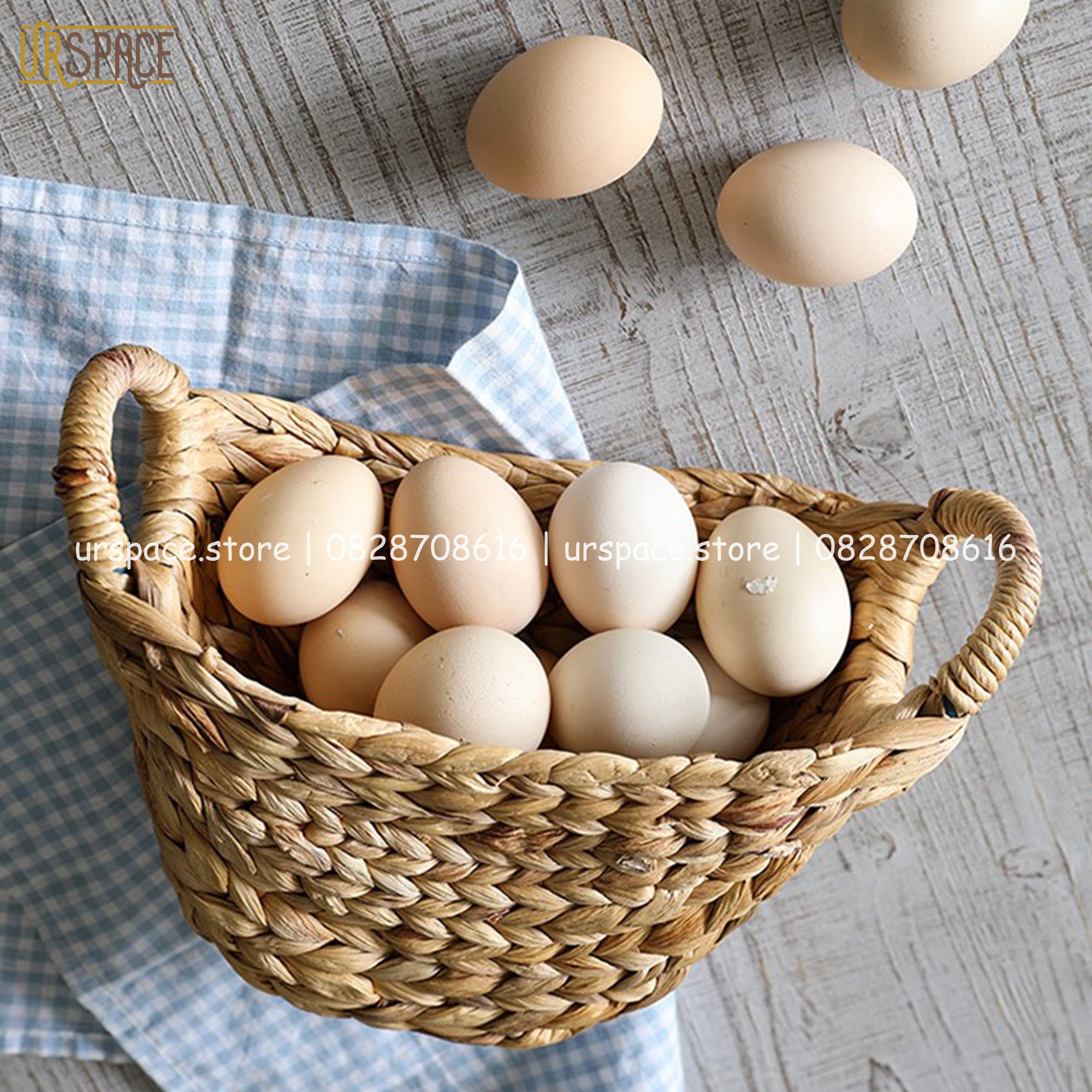 Giỏ cói đựng đồ đa năng size mini có quai cầm/ Hand-woven hyacinth curved basket mini size