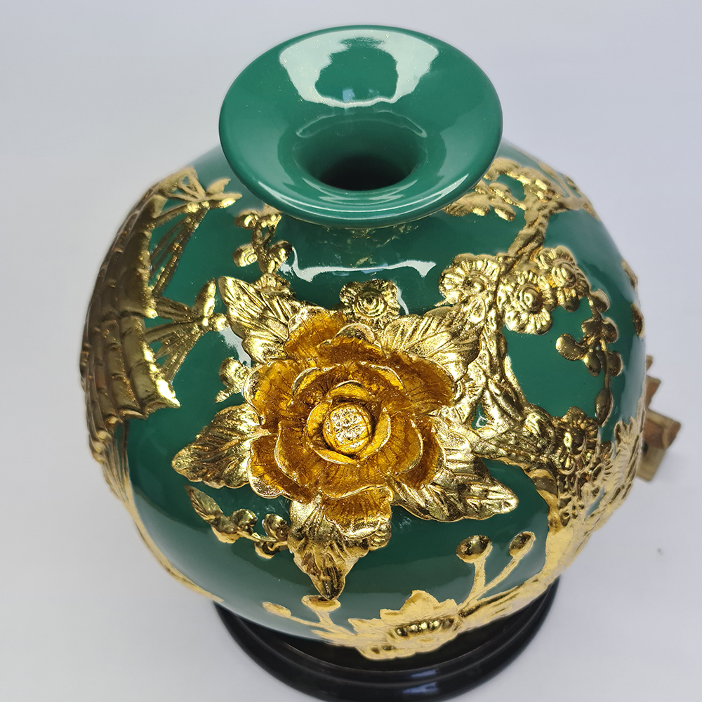 Bình Hút Lộc Gốm Sứ Đắp Nổi Vàng 24K - Thuyền - Hoa Mai - Mx