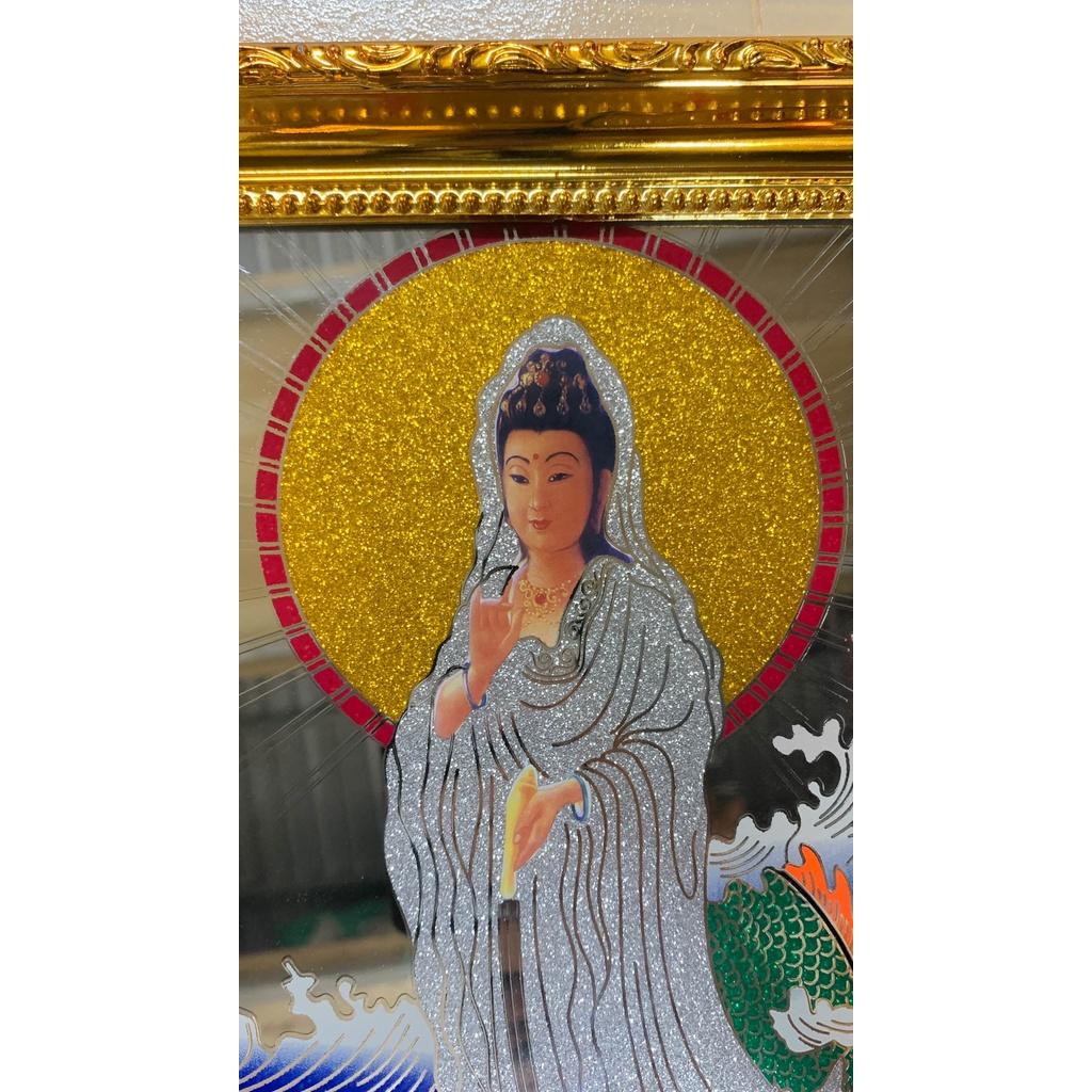 Tranh kiếng thờ mẹ Quan Âm đứng rồng - Khung nhựa cứng mạ vàng