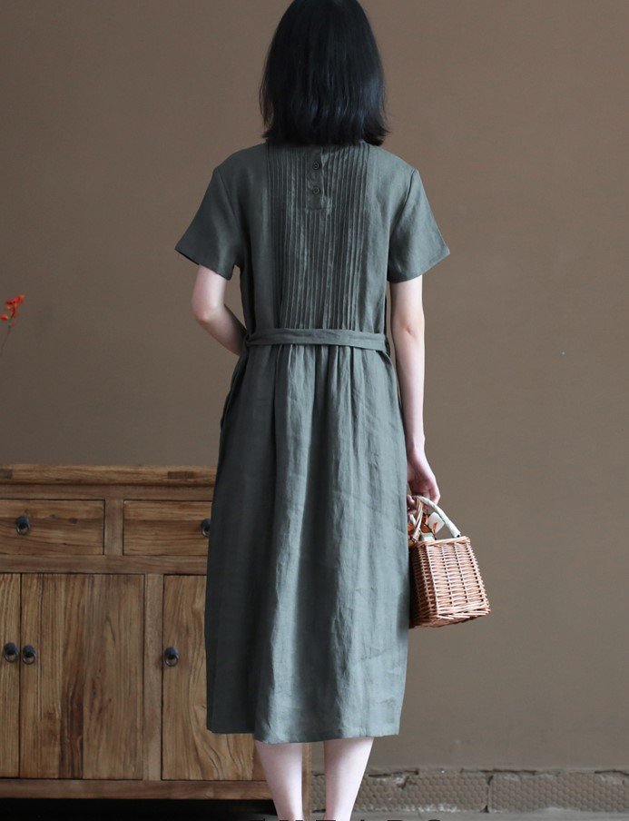 Đầm ngắn tay chất liệu linen cao cấp, dáng suông basic dễ mặc, phong cách kín đáo nhã nhặn NH191 xanh xám