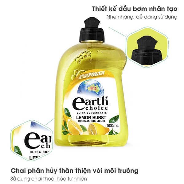 Nước rửa chén đậm đặc Earth Choice gốc thực vật hương chanh vàng kháng khuẩn 500ml