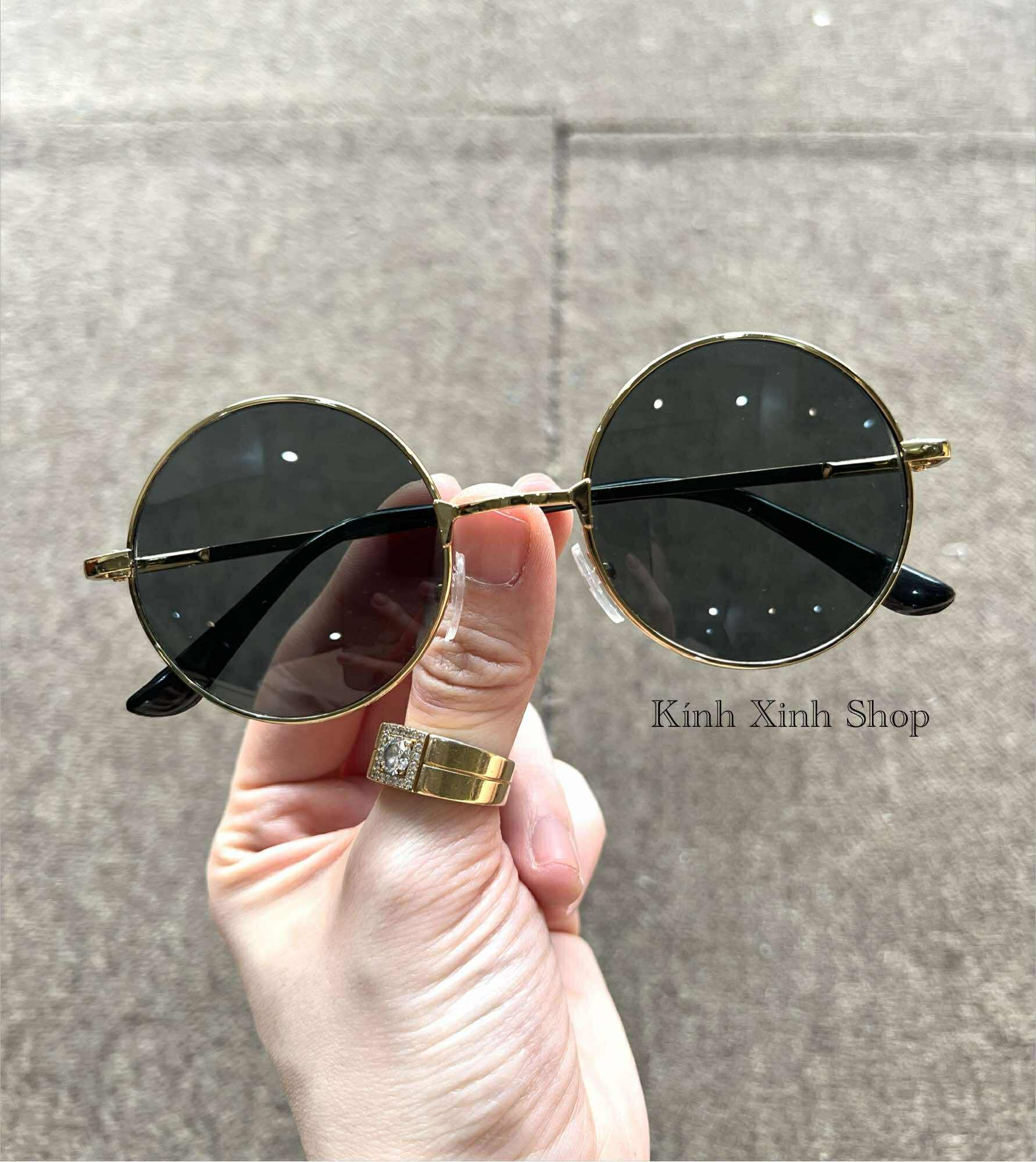 Kính râm Mắt tròn form nhỏ Mắt thủy tinh gọng kim loại vàng cao cấp