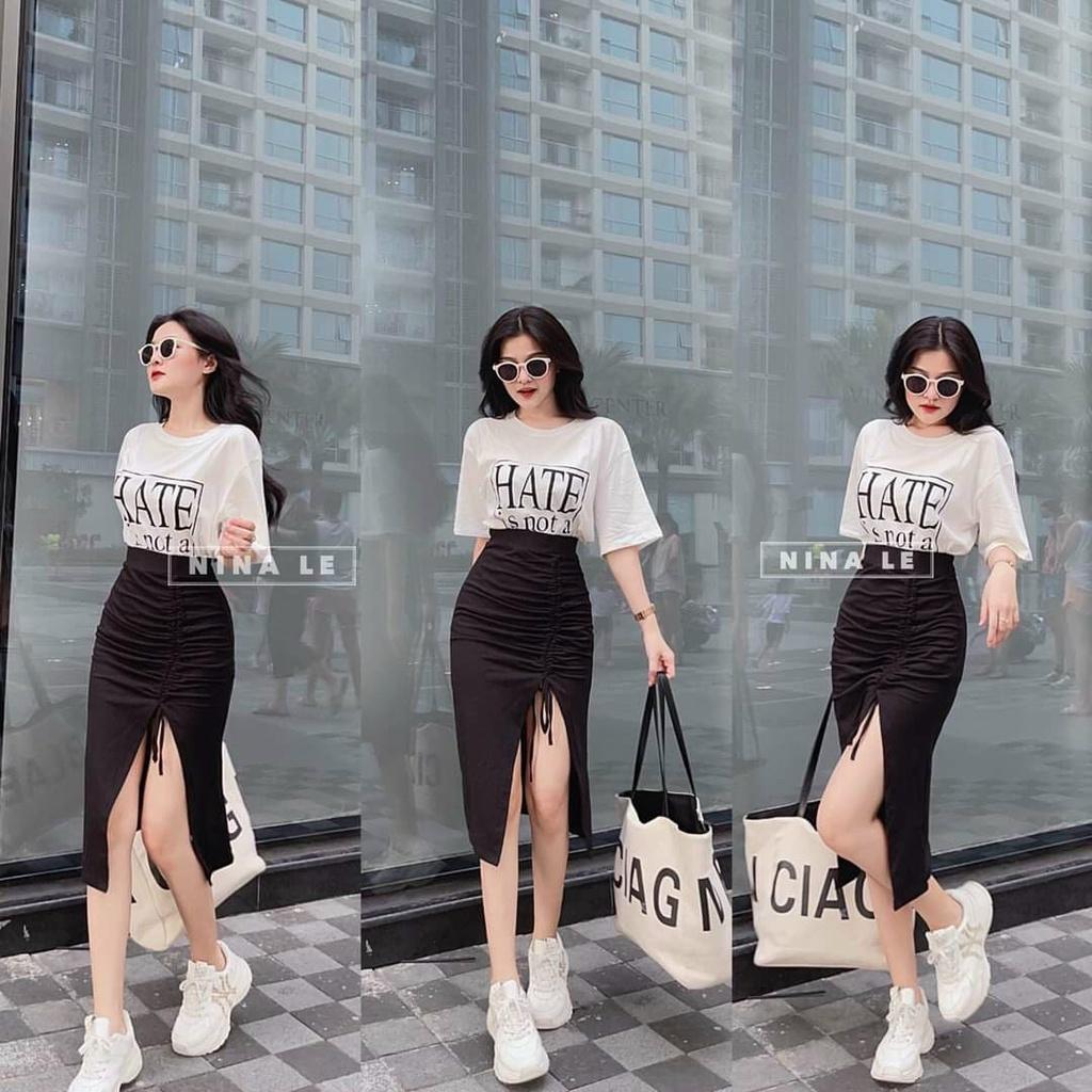Set bộ áo thin HATE from rộng mix chân váy nhún hông cột nơ quyến rũ năng động