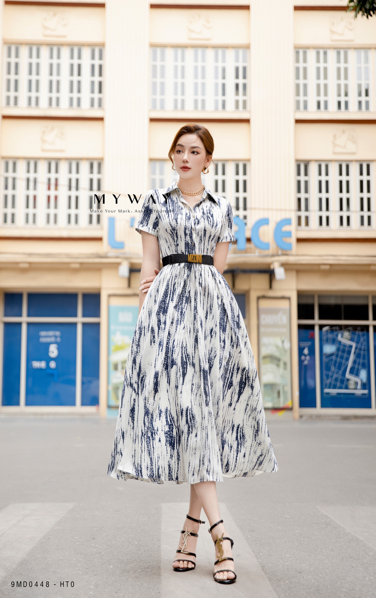 Đầm Sơ Mi Công Sở Nữ My Way Ngắn Tay Dáng A Họa Tiết Cao Cấp 9MD0448