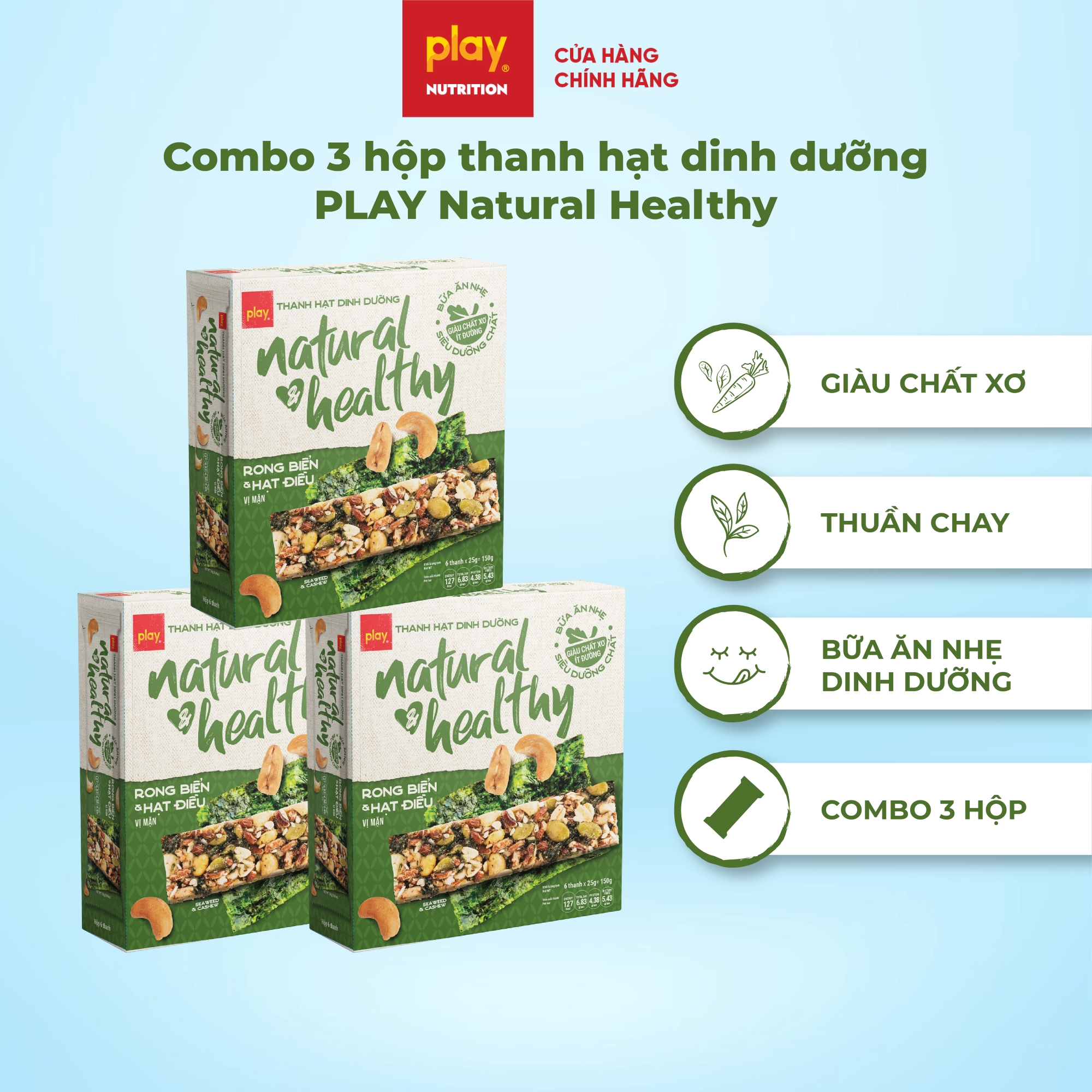 Combo 3 hộp thanh hạt dinh dưỡng PLAY Natural & Healthy - Bánh hạt dinh dưỡng, bánh ăn kiêng giảm cân
