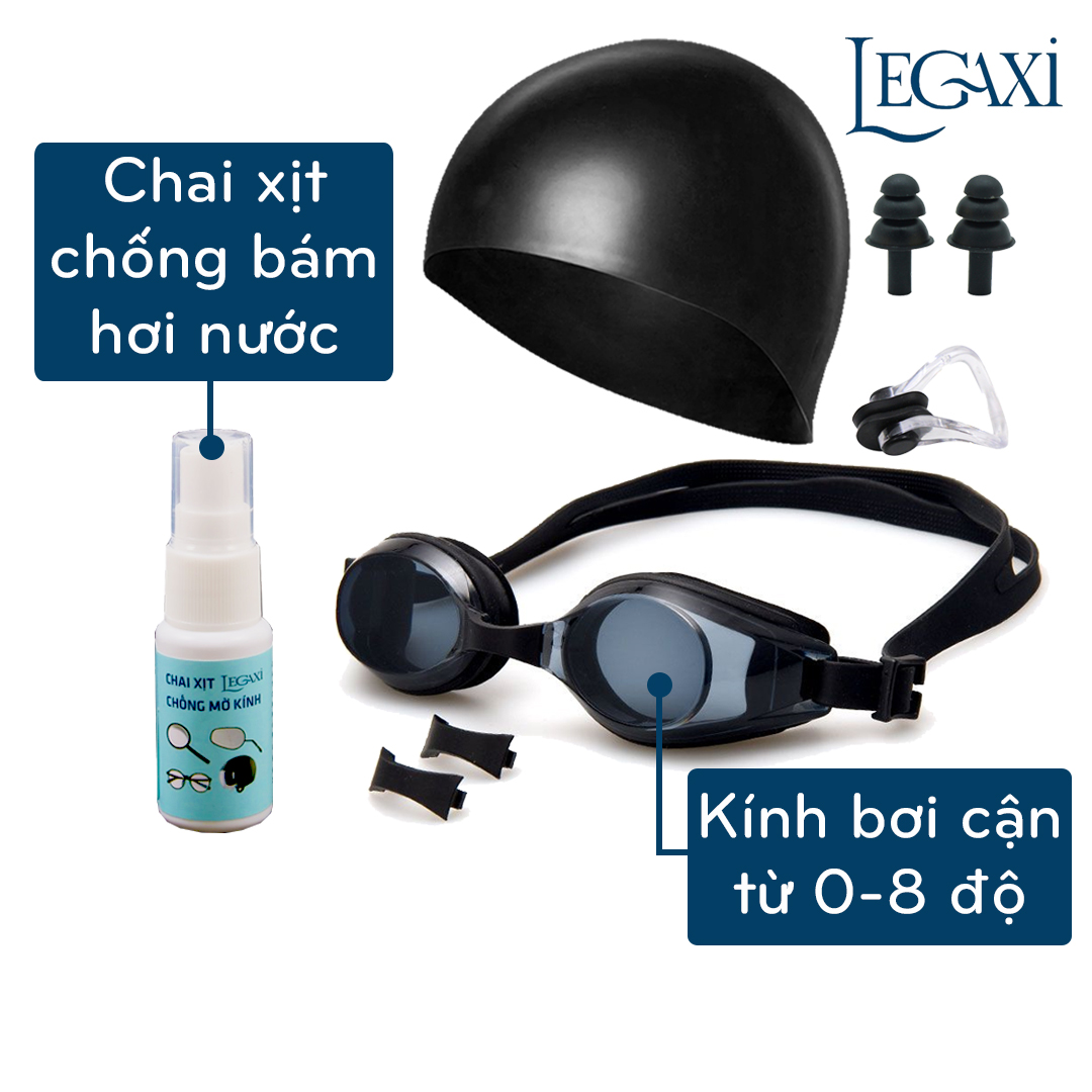 Combo kính bơi cận 0-8 độ, mũ bơi, chai xịt chống bám hơi nước, nút bịt tai, kẹp mũi đi bơi, đi biển Legaxi